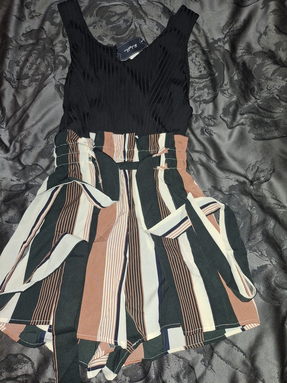 Black, Rust & Cream Striped Paperbag Waist Mini Skirt